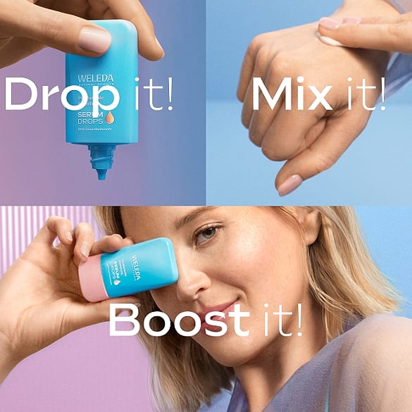 La modelo sostiene el Sérum Booster de Weleda en frente de su cara